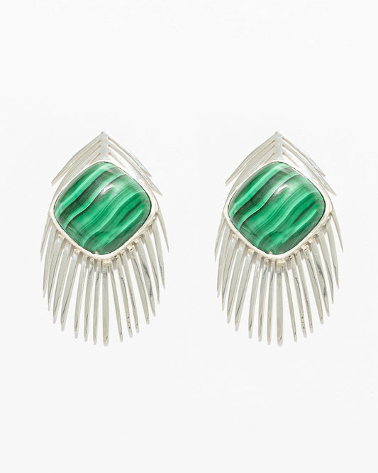 Brincos Pena de Pavão com Malaquite