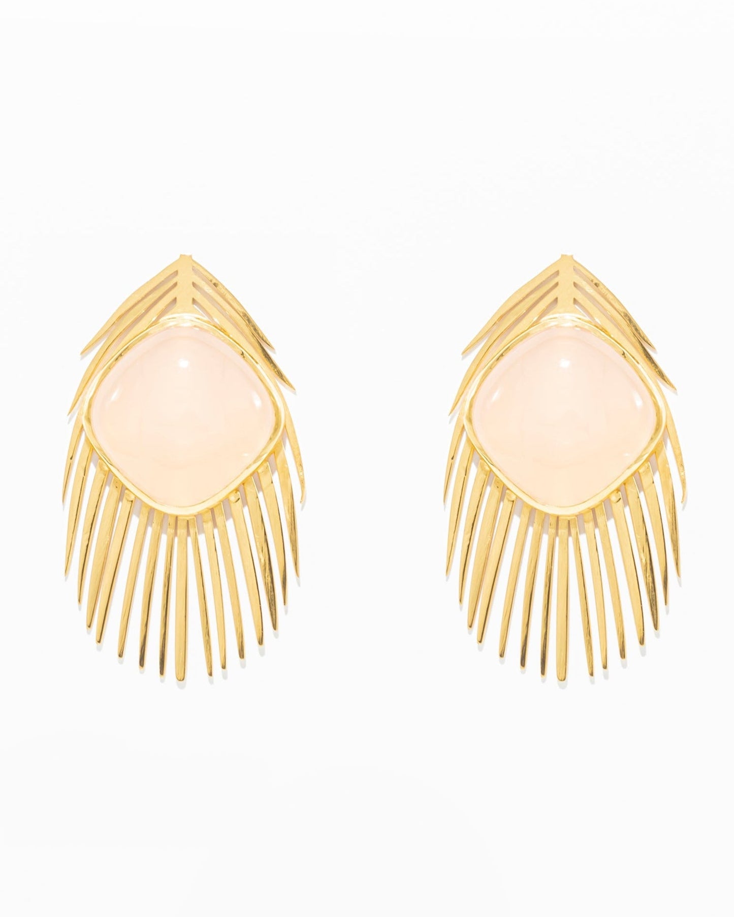 Brincos Pena de Pavão com Quartz Rosa