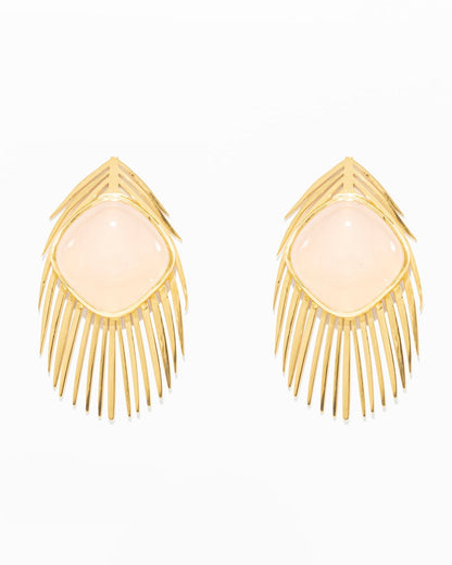 Brincos Pena de Pavão com Quartz Rosa