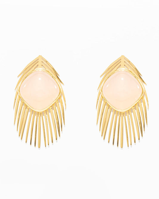 Brincos Pena de Pavão com Quartz Rosa